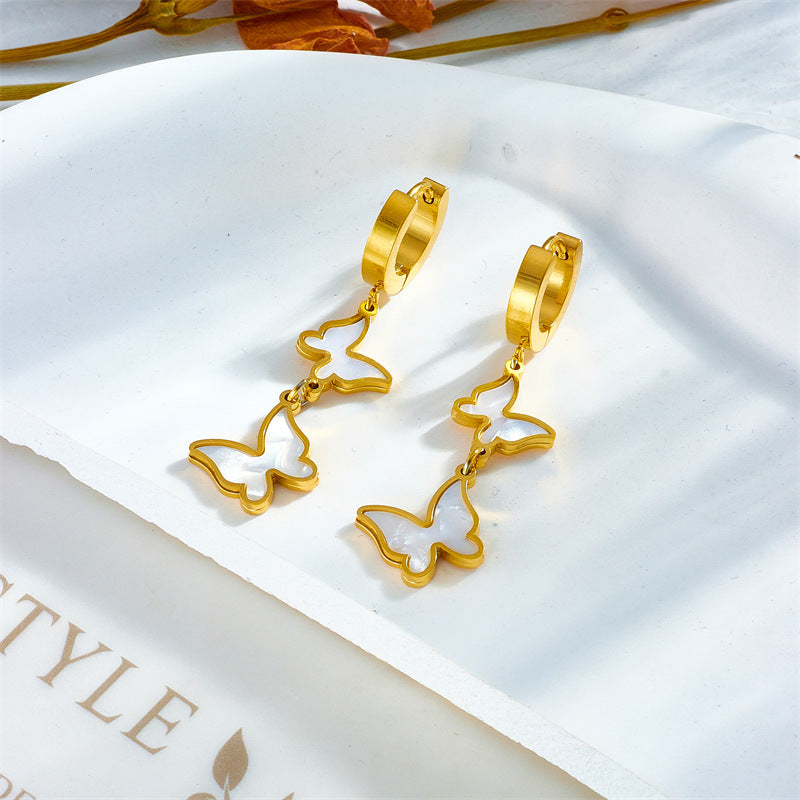Vintage Style White Butterfly Shaped Titanium Steel Earrings with Plated Finish for Women