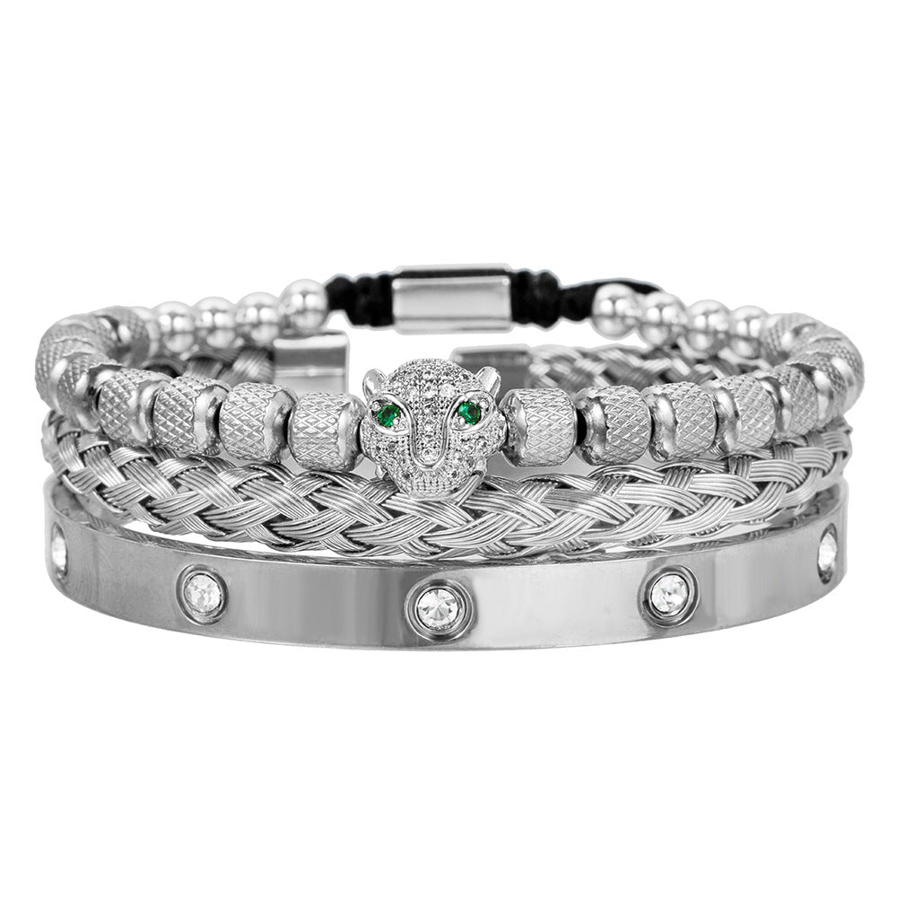 Vintage Geometric Leopard Head Micro-inlaid Cubic Zirconia Woven Stainless Steel Bracelet Set