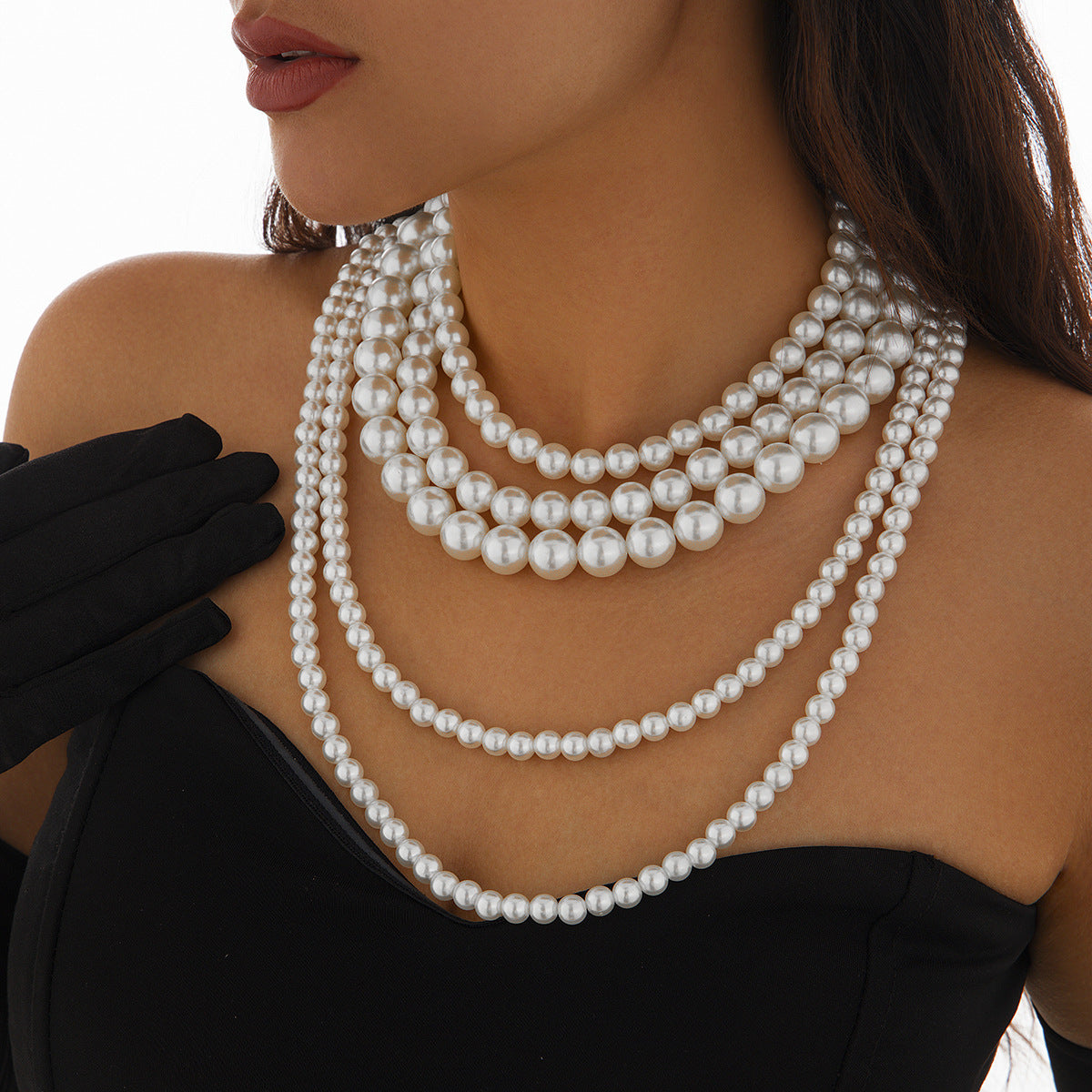 Vintage French-Inspired Multi-Layer Pearl-Style Choker Necklace for Women with Geometric Beads and Ball Chain