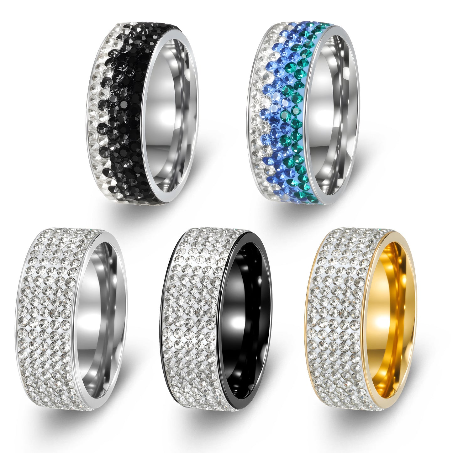 Anello Unisex a Cinque File di Strass Placcato in Acciaio Inossidabile Geometrico