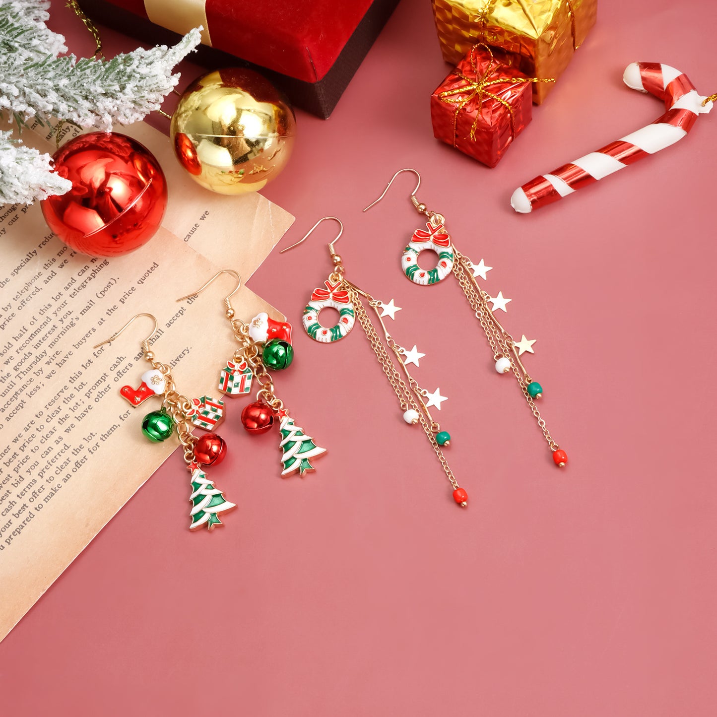 Pendientes colgantes vintage de campana de árbol de Navidad de aleación de zinc geométricos para mujer con acabado chapado