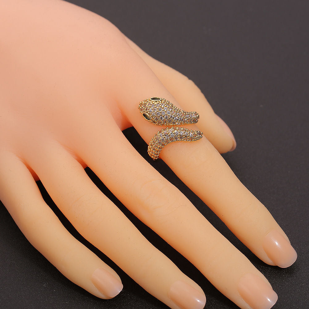 Elegant Snake-Shaped Open Ring with Zirconia Green Eyes in Alloy with Plated Finish for Women