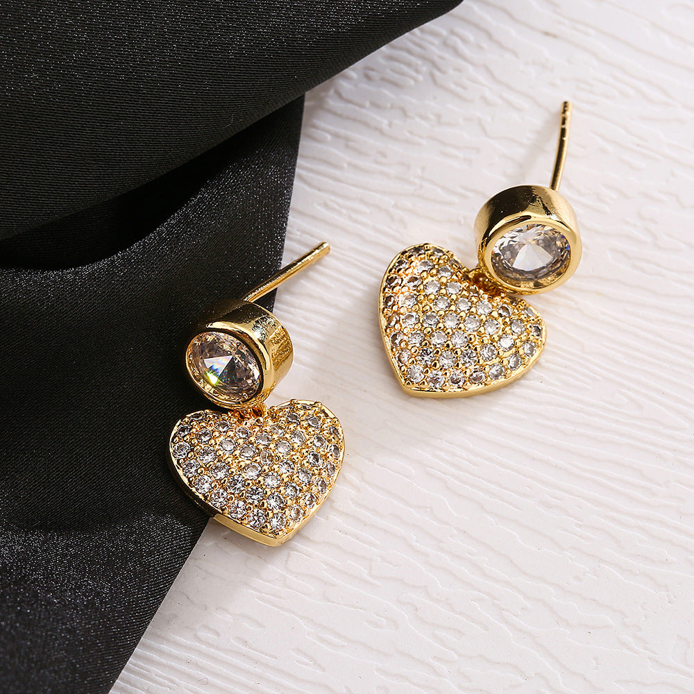 Minimalist Heart-Shaped Copper Earrings with 18K Gold Plating and Zircon Accents for Women