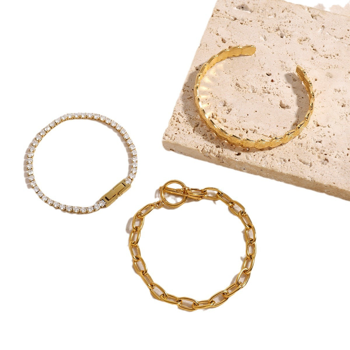 18K Gold Plated Stainless Steel Round Geometric Cubic Zirconia Bracelet