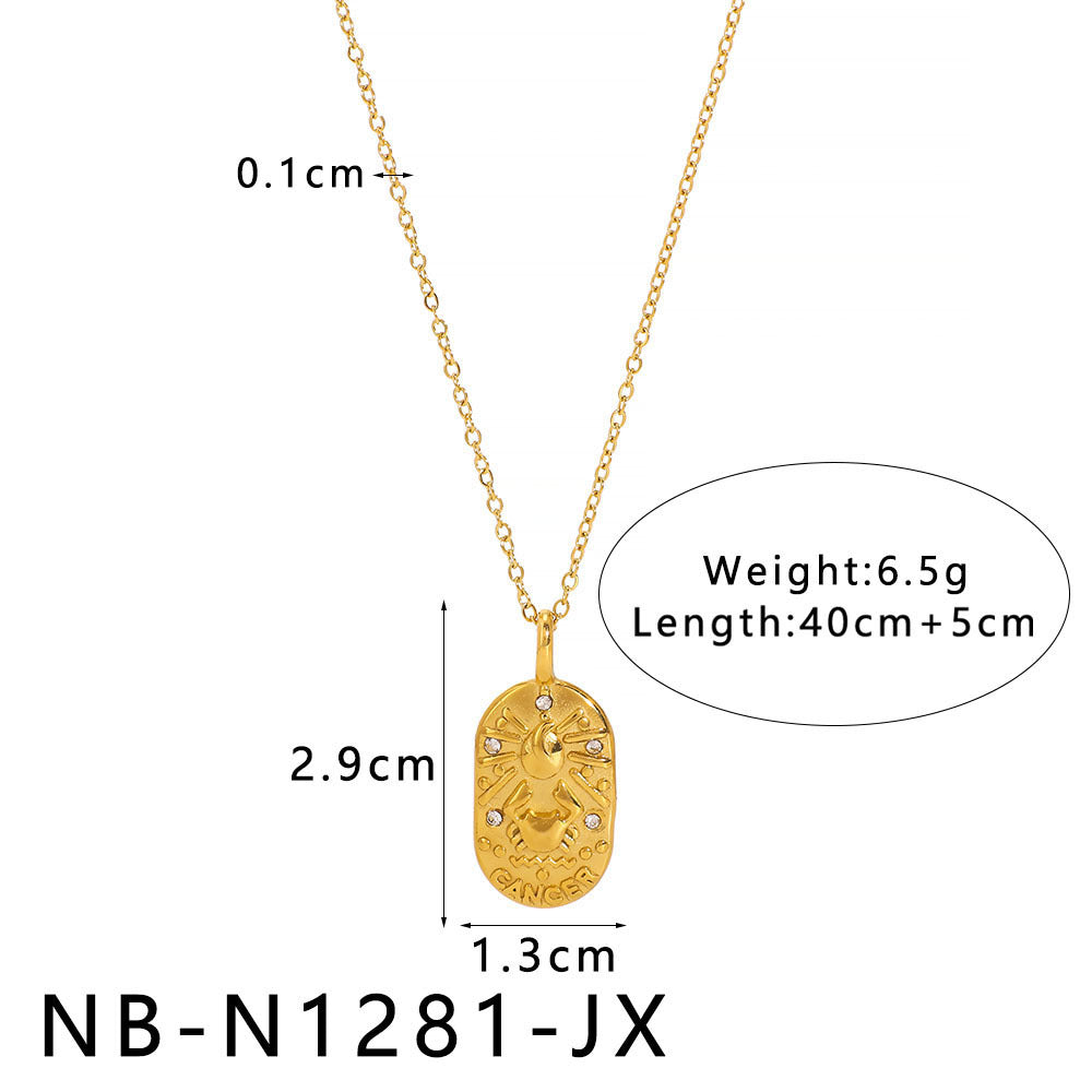 Minimalist Square Zodiac Pendant Necklace in Stainless Steel with Rhinestone Inlay and 18K Vacuum Plating for Women