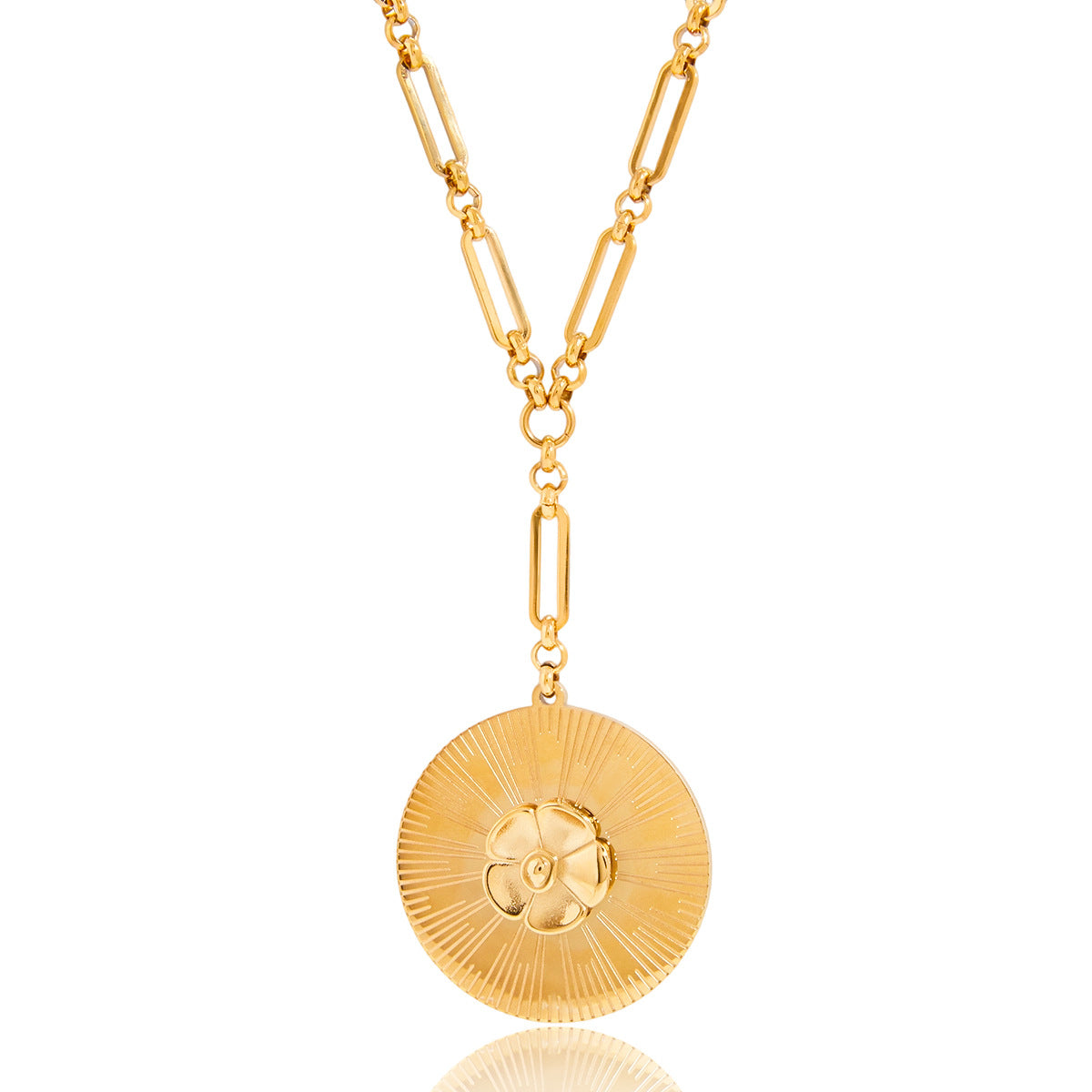 Elegante collar de cadena en Y con flor de camelia de acero inoxidable bañado en oro de 18 quilates para mujer