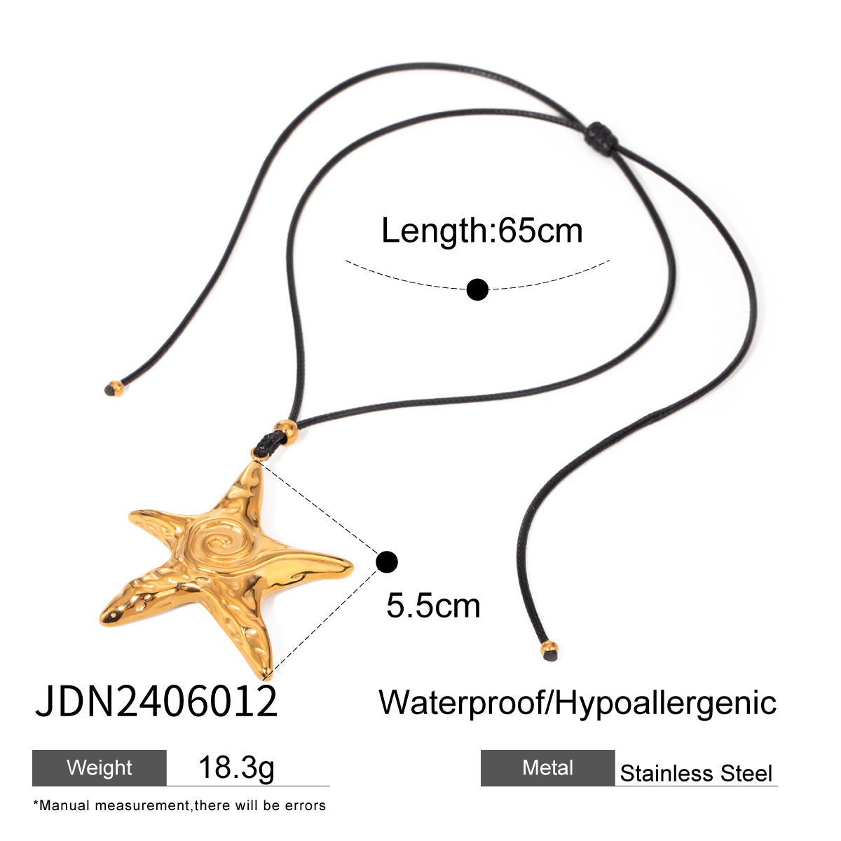 Minimalist 18K Gold Plated Stainless Steel Starfish Bow Pendant Necklace with Black Wax Cord for Women