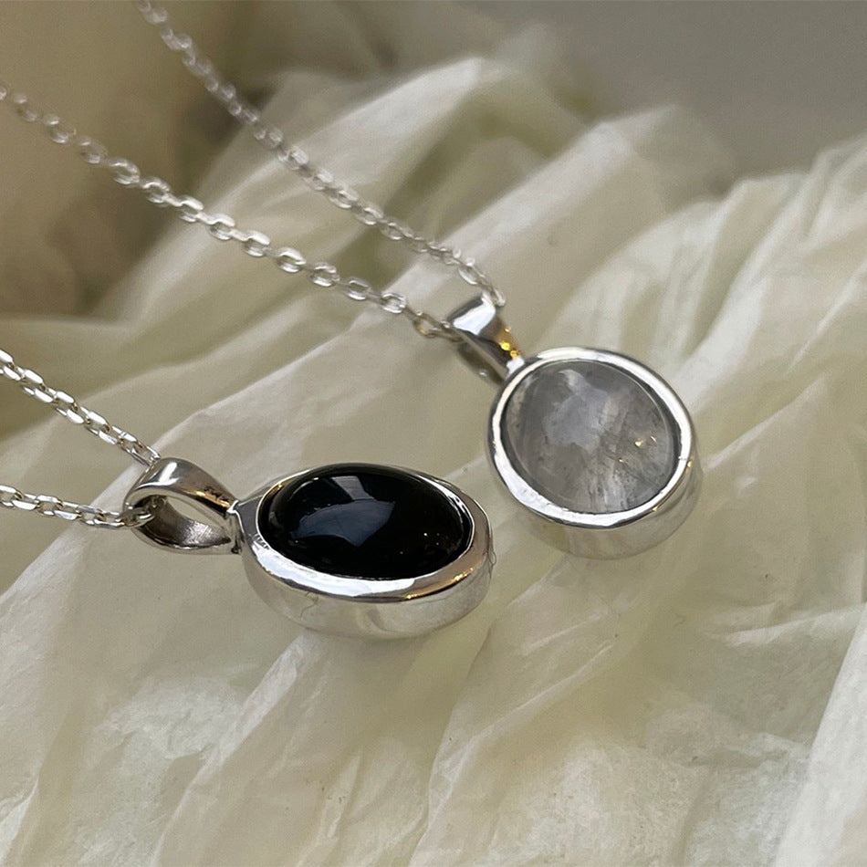 Minimalist Geometric Cat's Eye Stone Pendant Necklace in 925 Sterling Silver with Oval Link Chain