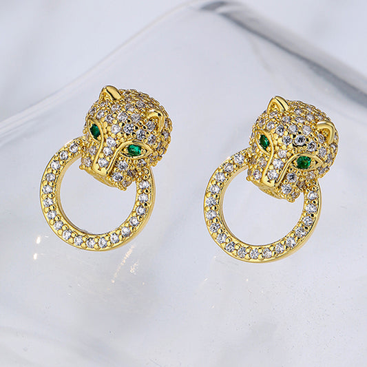 Minimalist Leopard-Shaped Copper Earrings with 18K Gold Plating and Zircon Inlay for Women