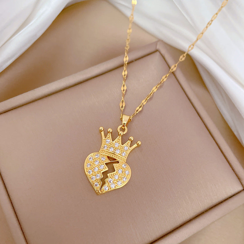 Collar de lujo con colgante de corazón de corona de acero de titanio para mujer con incrustaciones de diamantes de imitación, diseño geométrico, delicada cadena para la clavícula