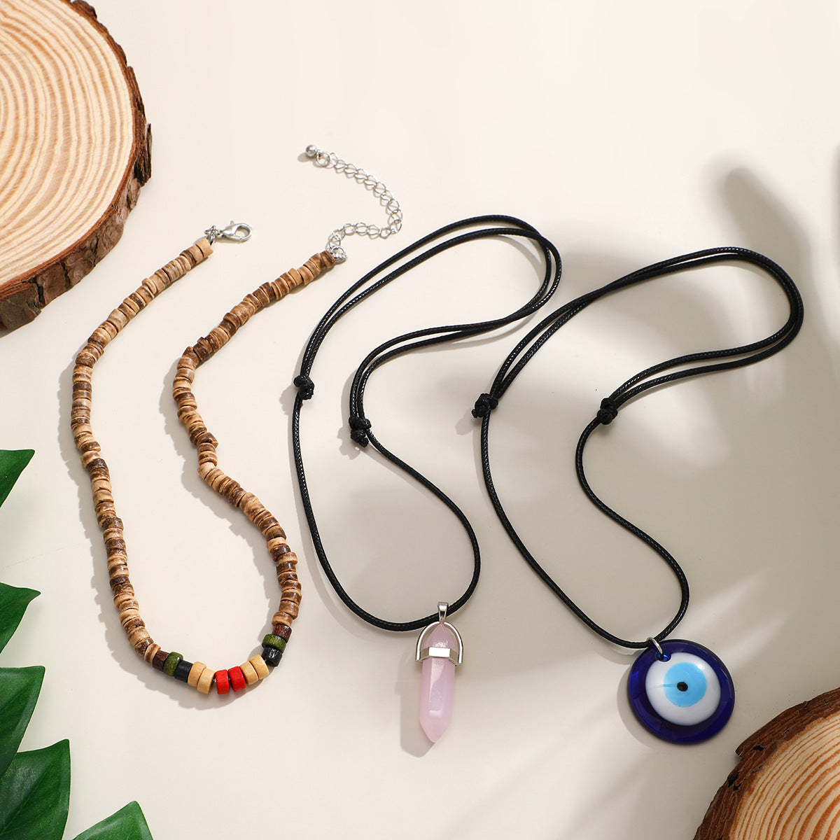 Y2K Blue Evil Eye Geometric Alloy Pendant Beaded Wax Cord Necklace for Women
