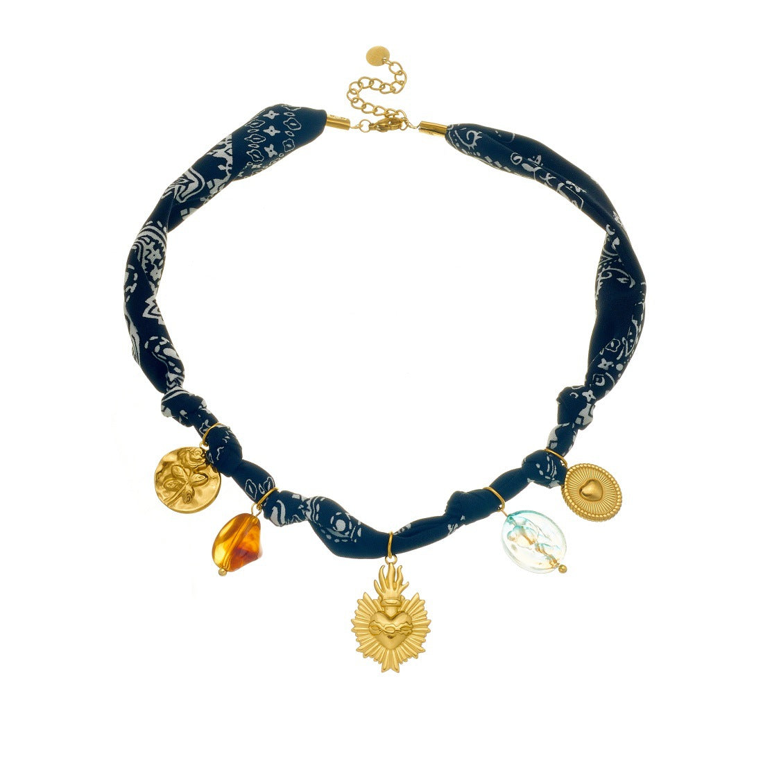 Vintage Bohemian Gold Plated Stainless Steel Heart Round Pendant Necklace with Floral Relief and Beads