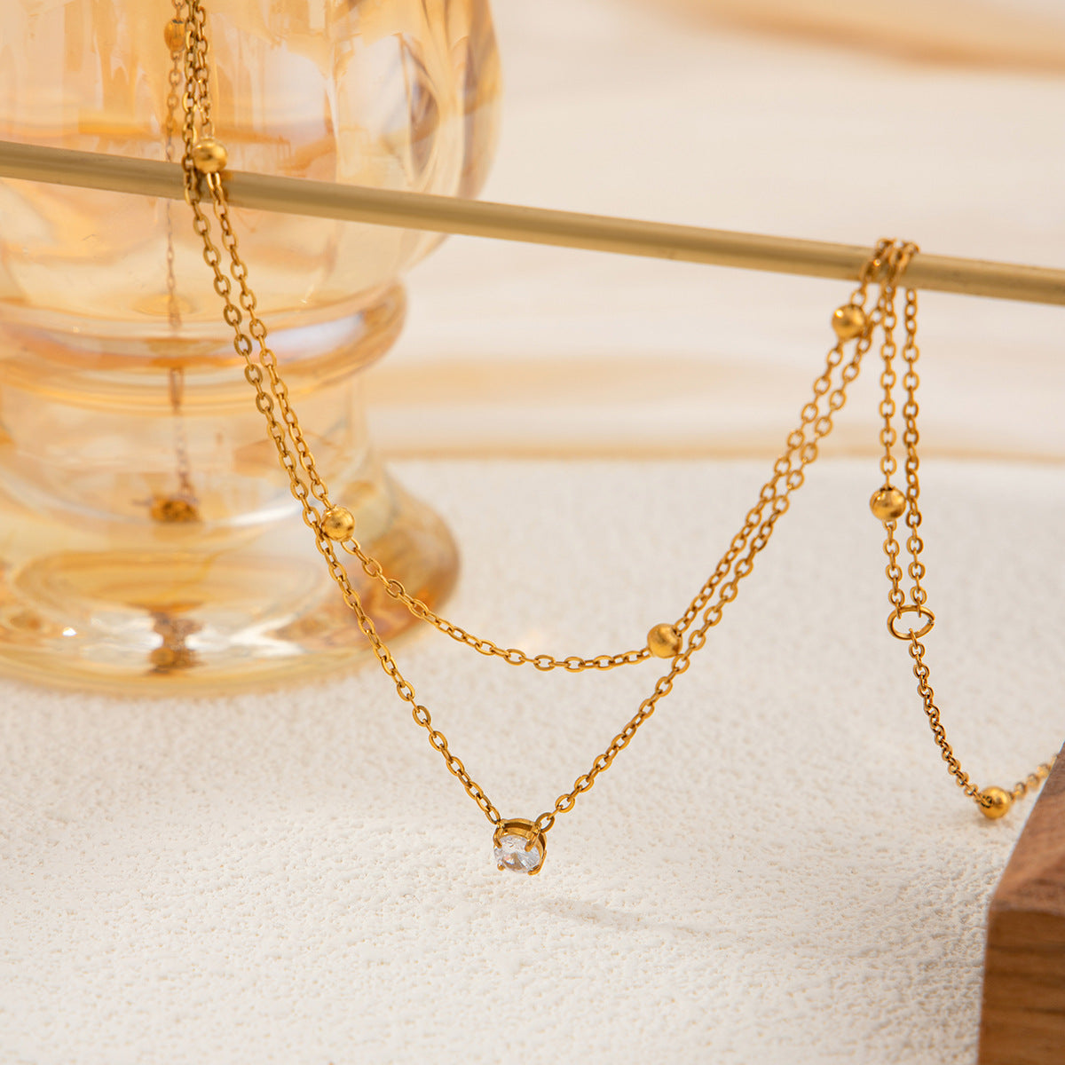 Luxury Geometric Stainless Steel Pendant Necklace with Cubic Zirconia Inlay PVD Plated Double Layer Chain for Women