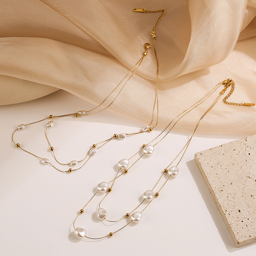 Minimalist Baroque Pearl Layered Necklace for Women with Titanium Steel Chain and Geometric Pendant