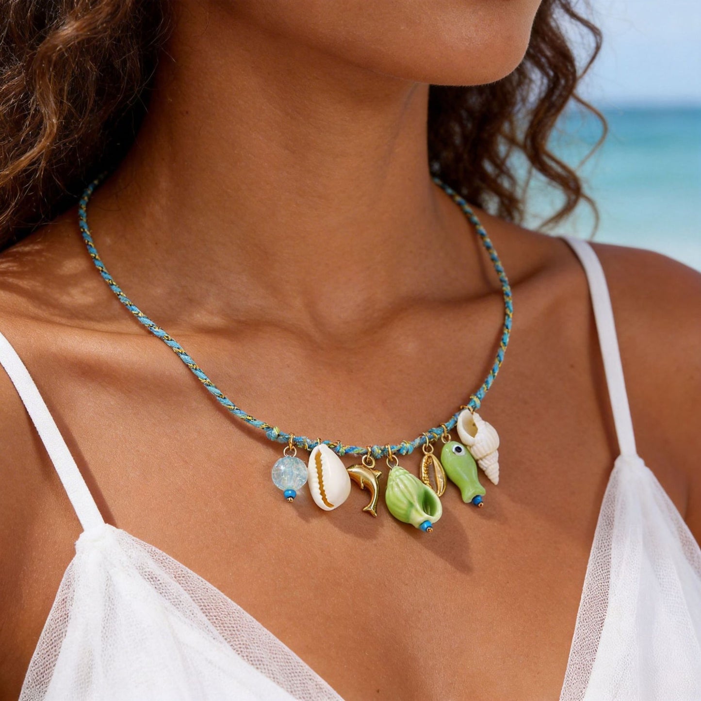 Bohemian Ceramic Shell Dolphin Fish Pendant Necklace with Colorful Cable Chain