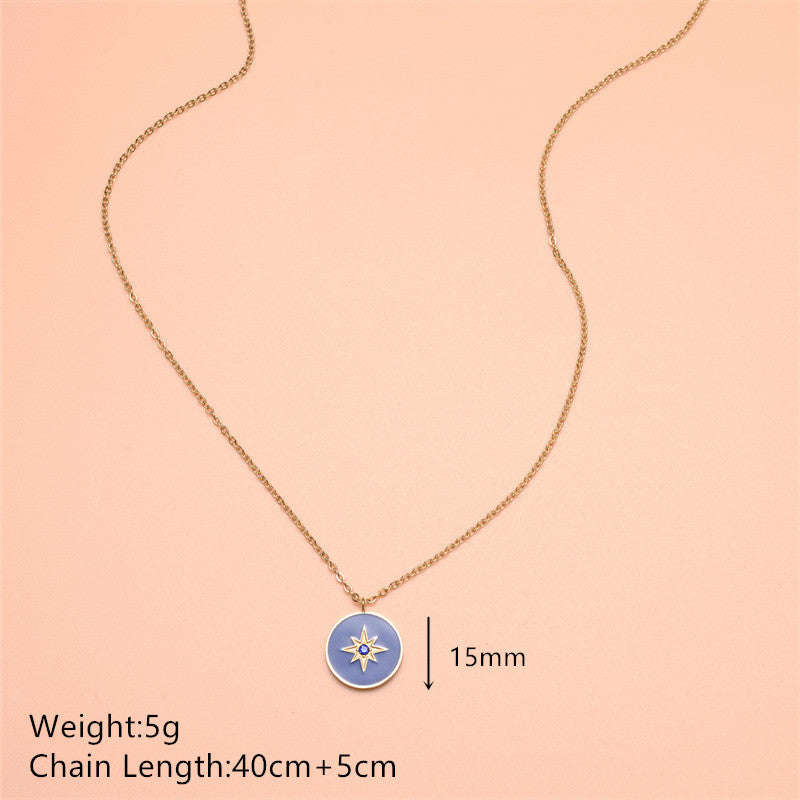 Minimalist Geometric Stainless Steel Sky Blue Eight-Pointed Star Rhinestone Pendant Necklace with Enamel Finish
