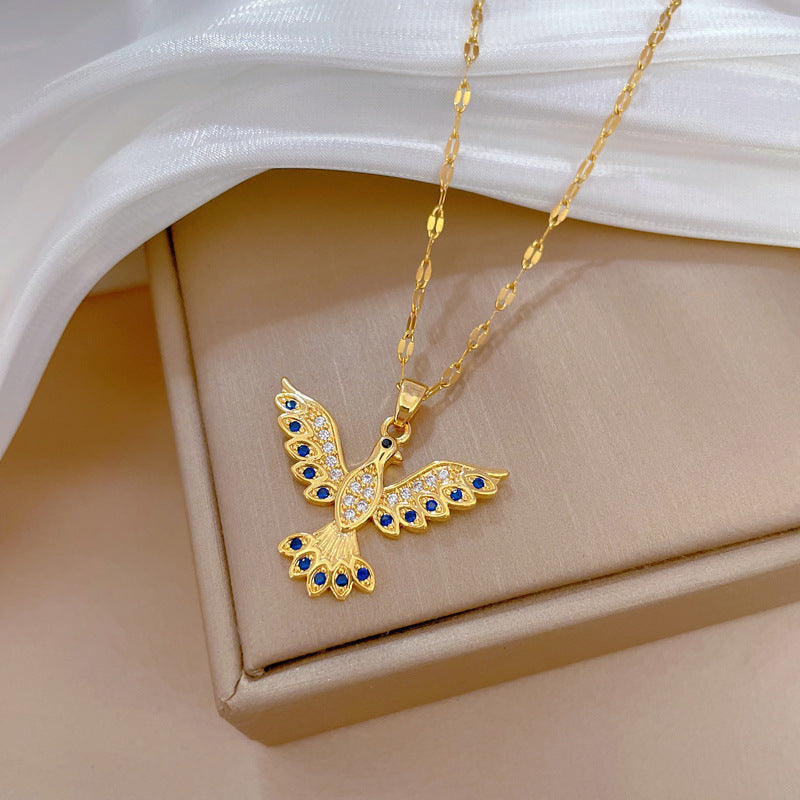 Collana con Ciondolo Fenice Geometrica Minimalista in Acciaio al Titanio con Intarsio di Strass per Donna e Uomo