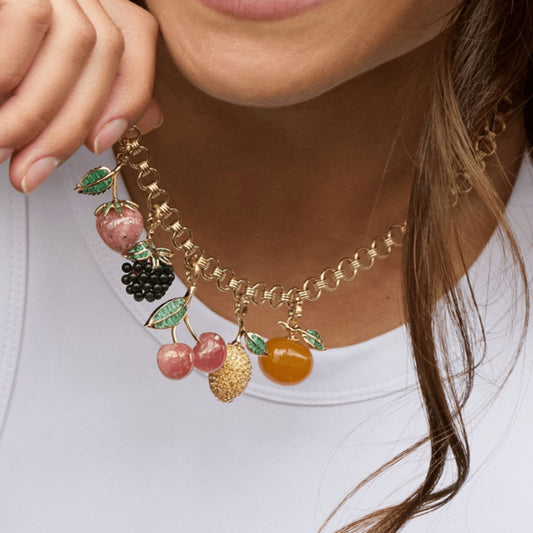 Vintage Geometric Brass Plated Gemstone Fruit Pendant Necklace