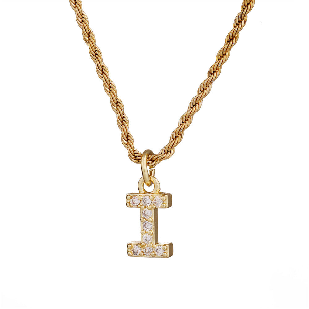 Collar con colgante de letra para mujer, minimalista, de moda, cadena trenzada de acero inoxidable con baño de oro e incrustaciones de circonita