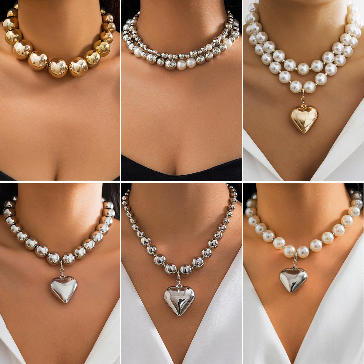 Cyberpunk Style Heart-Shaped Geometric Pendant Necklace with Imitation Pearl Beads Electroplated Multi-Layer Round Bead Chain for Women
