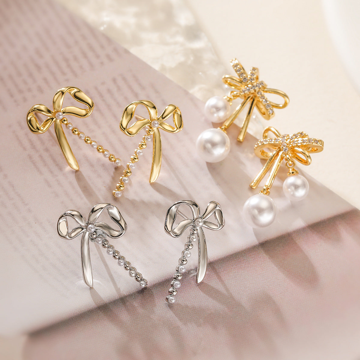 Sweet Bowknot Butterfly Earrings for Women with Copper Base Plated in Real Gold Micro-Paved Zirconia and Pearl Accents