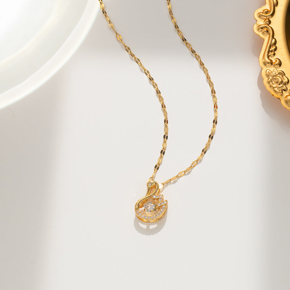 Elegant Swan Pendant Necklace for Women in Titanium Steel with Rhinestone Inlay on Wavy Chain, Hypoallergenic and Tarnish-Resistant