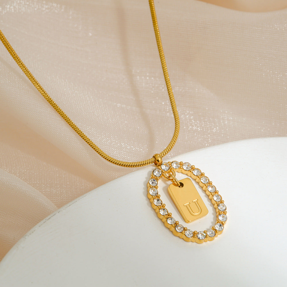 Collana da donna con ciondolo a lettera in acciaio inossidabile, minimalista, con strass, su catena snake