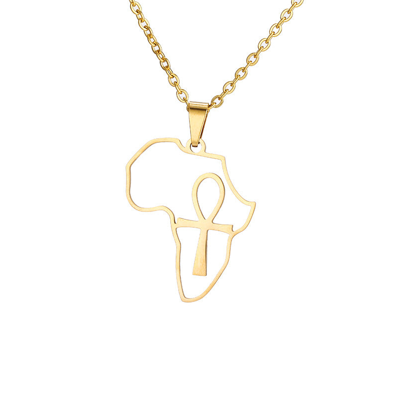 Collana con ciondolo a croce geometrico a mappa africana in acciaio inossidabile con ciondolo in acciaio al titanio e finitura galvanizzata