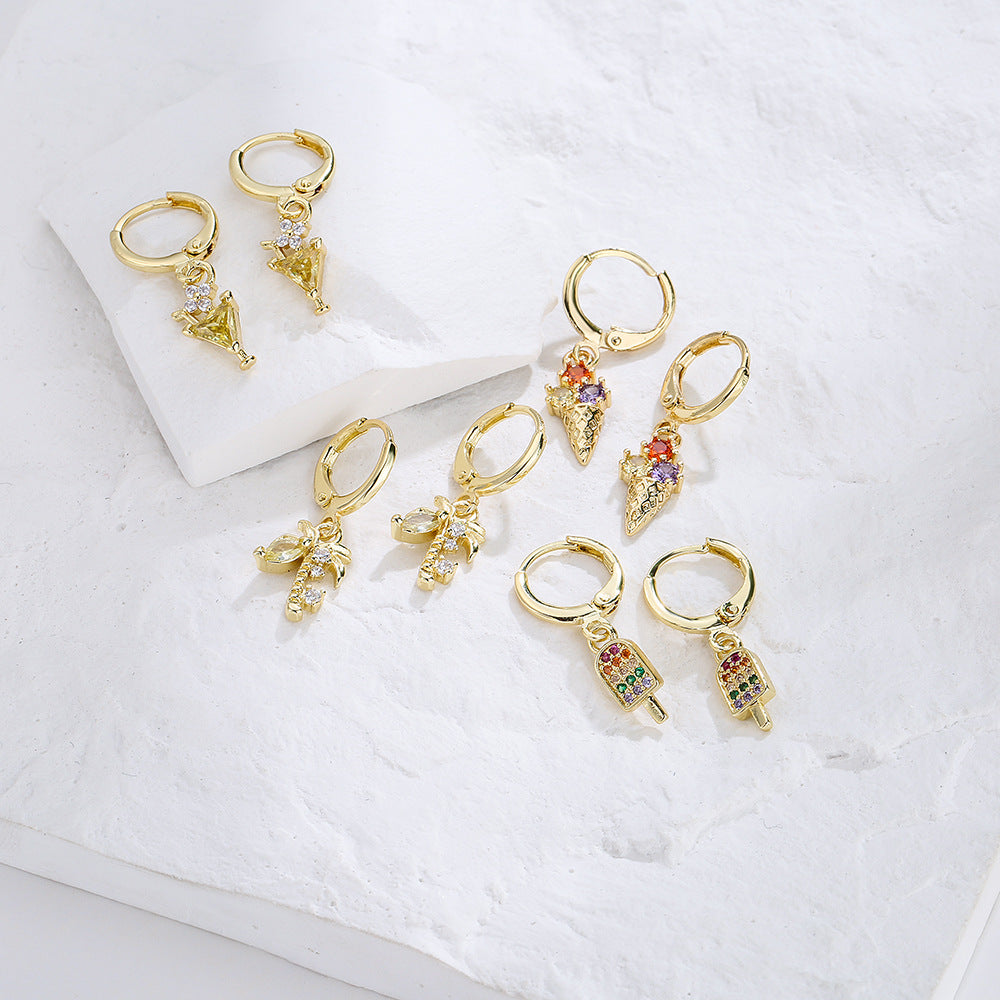 Sweet and Cute Geometric Copper Earrings with 18K Gold Plating and Zircon Accents for Women