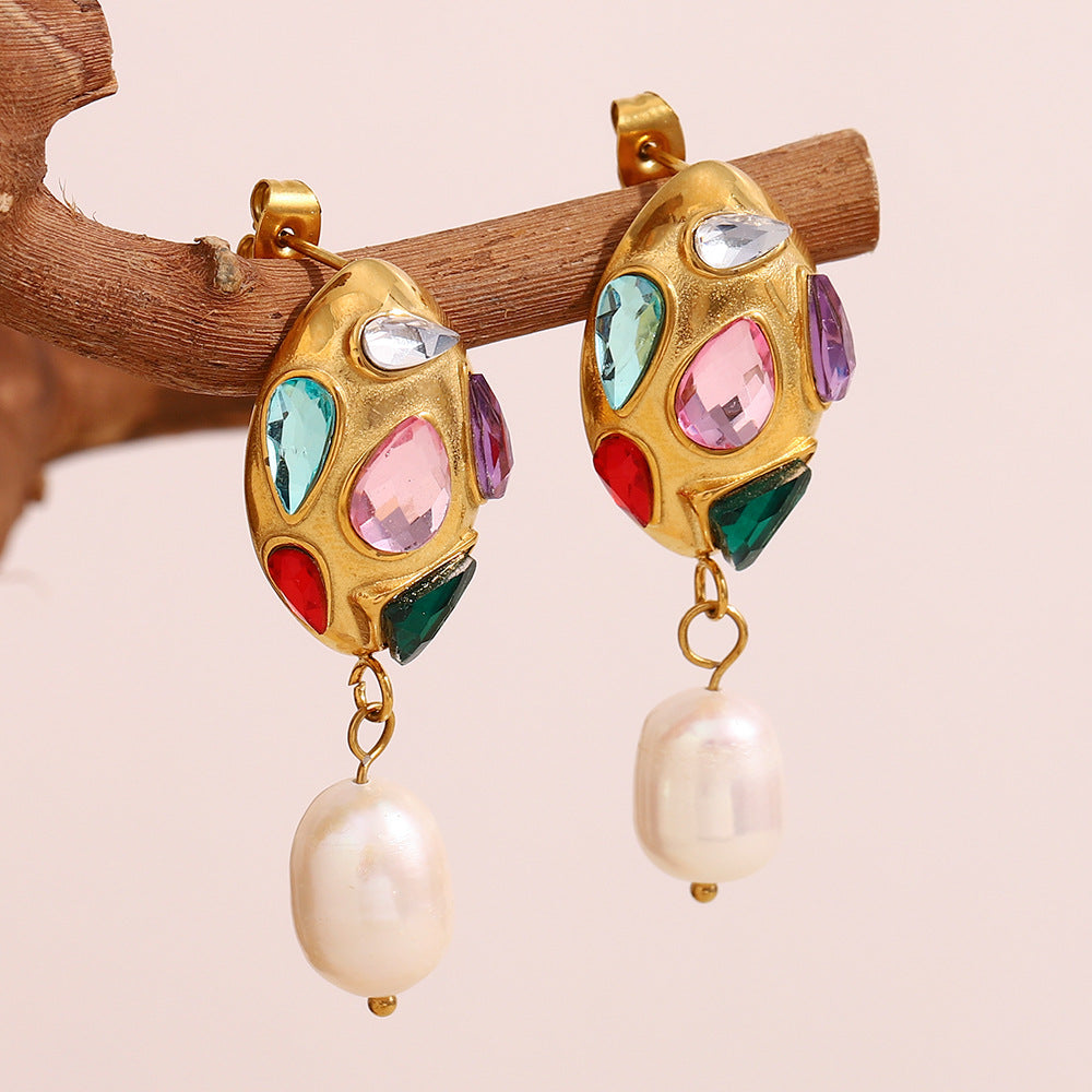 Fashionable Minimalist Geometric Stainless Steel 18K Gold Plated CZ Pearl Stud Earrings for Women