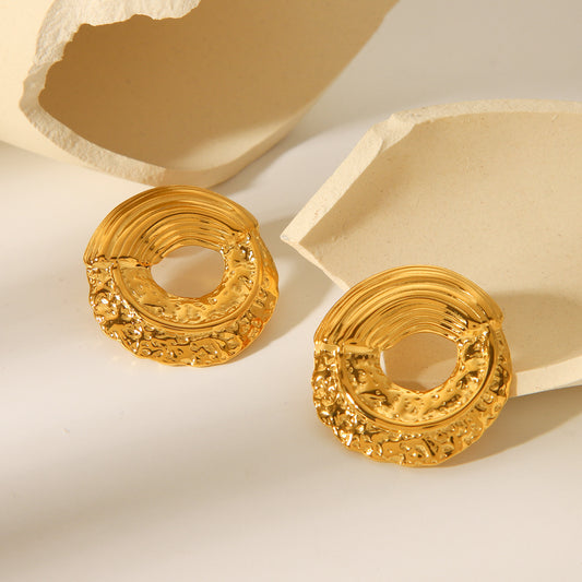 Fashionable Ins Style 18K Gold Plated Stainless Steel Geometric Hammered Hollow Hoop Earrings for Women