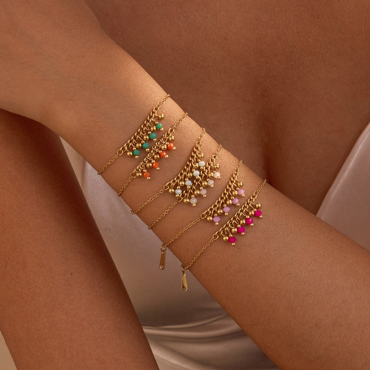 Fashionable Geometric Stainless Steel Plated Bracelet for Women with Colorful Natural Beads and Tassel Accents