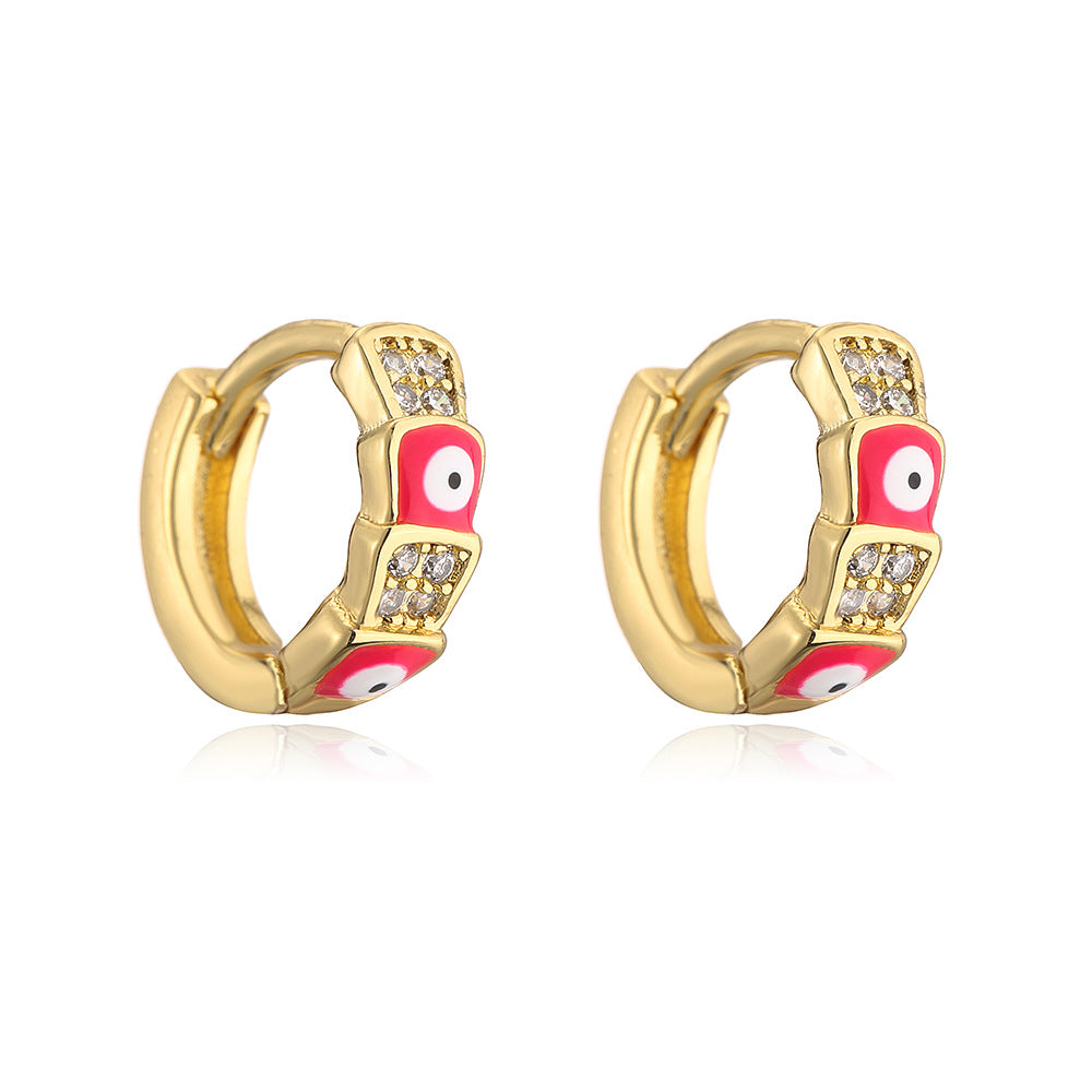 Minimalist Geometric Copper Earrings with Real Gold Plating and Enamel Eye Detail