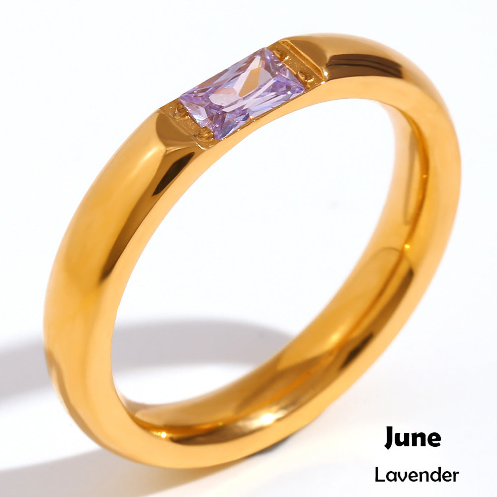 Anillo Minimalista Geométrico de Acero Inoxidable con Baño de Oro de 18K y Piedra Natal de Zirconia Rectangular para Mujer