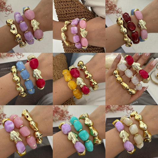 Vintage Ethnic Colorful Gradient Geometric Oval Acrylic Beaded Bracelet