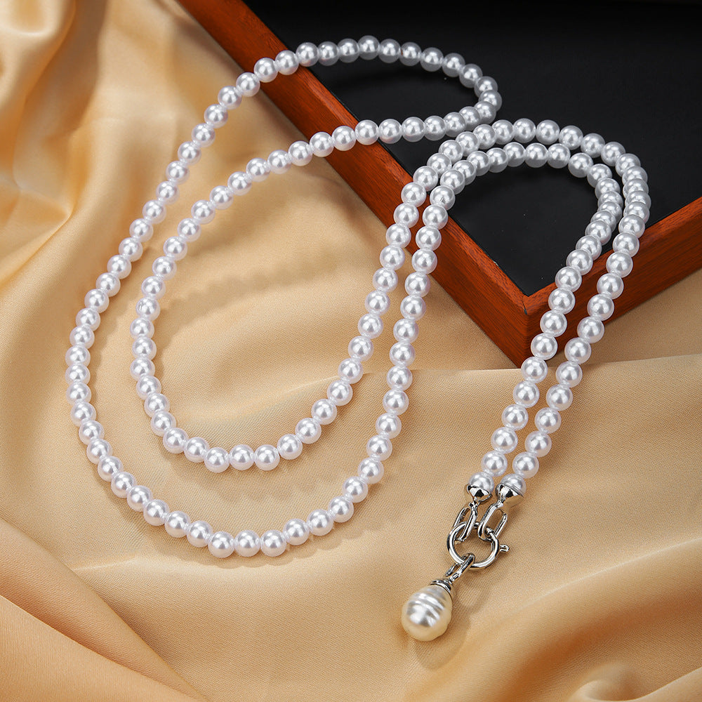 Minimalist Geometric Round Faux Pearl Alloy Multi-Layer Cable Chain Necklace Body Chain for Women and Men