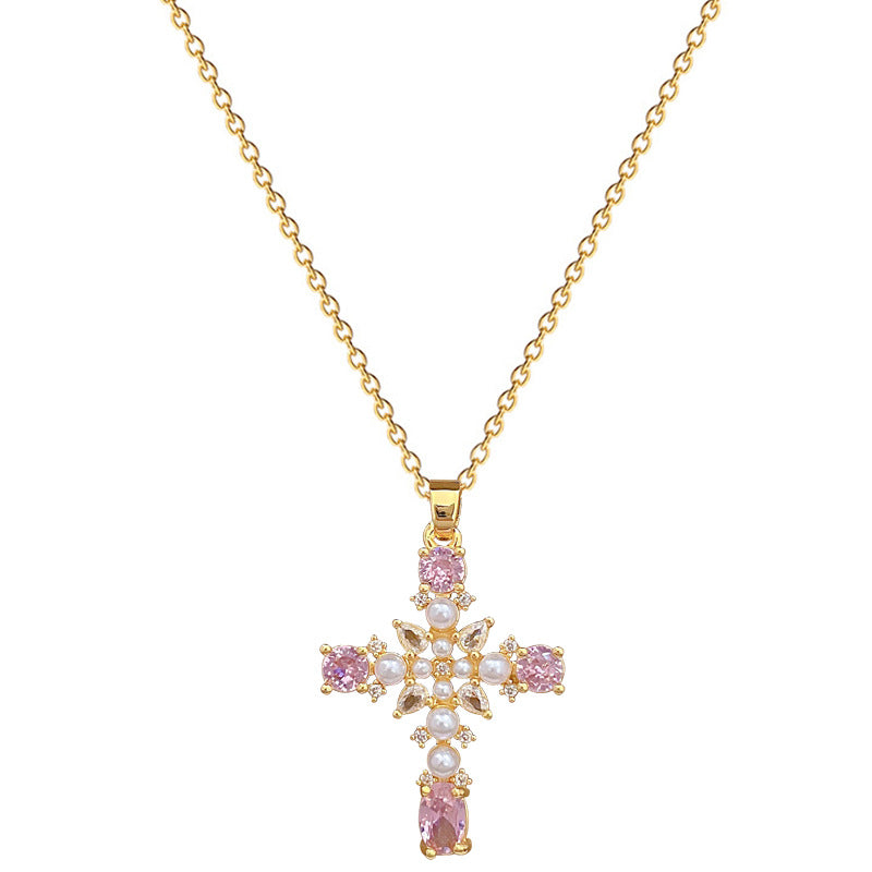 Minimalist Cross Pendant Necklace in Titanium Steel with Pearl Accents and Full Rhinestone Inlay for Women