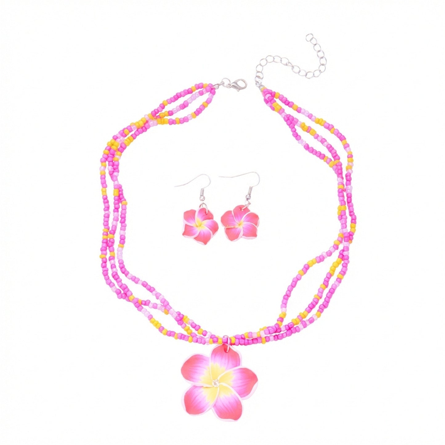 Sweet Handmade Floral Resin and Glass Bead Necklace and Earring Set for Women