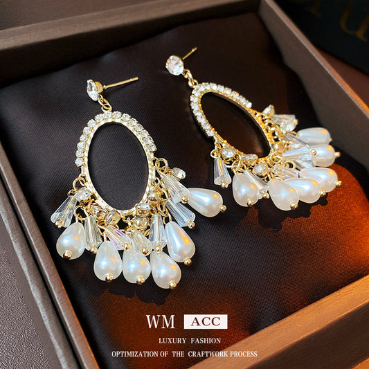 Vintage Elegant Oval Pearl Dangle Earrings with Silver-Plated Brass Hoops and Natural-Inspired Design