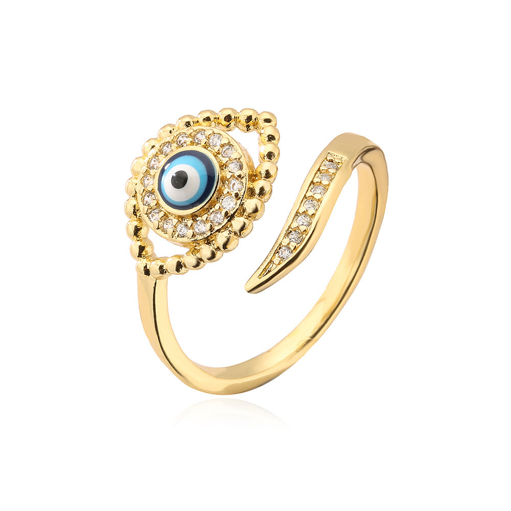 Anello Minimalista Geometrico Occhio di Falco da Donna in Rame con Placcatura in Vero Oro e Intarsi in Zircone