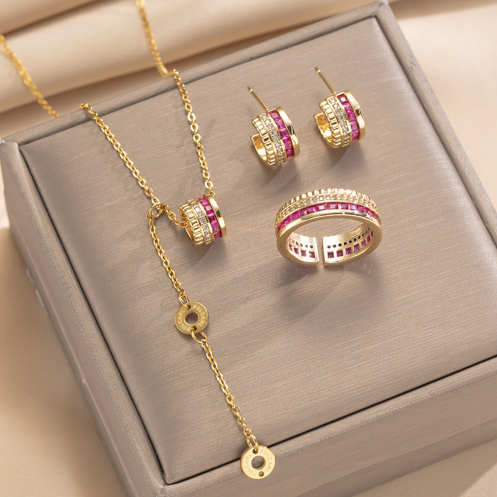 Set di collana in acciaio al titanio geometrico minimalista di lusso leggero con ciondolo in rame placcato oro 18 carati e intarsio in zircone, unisex