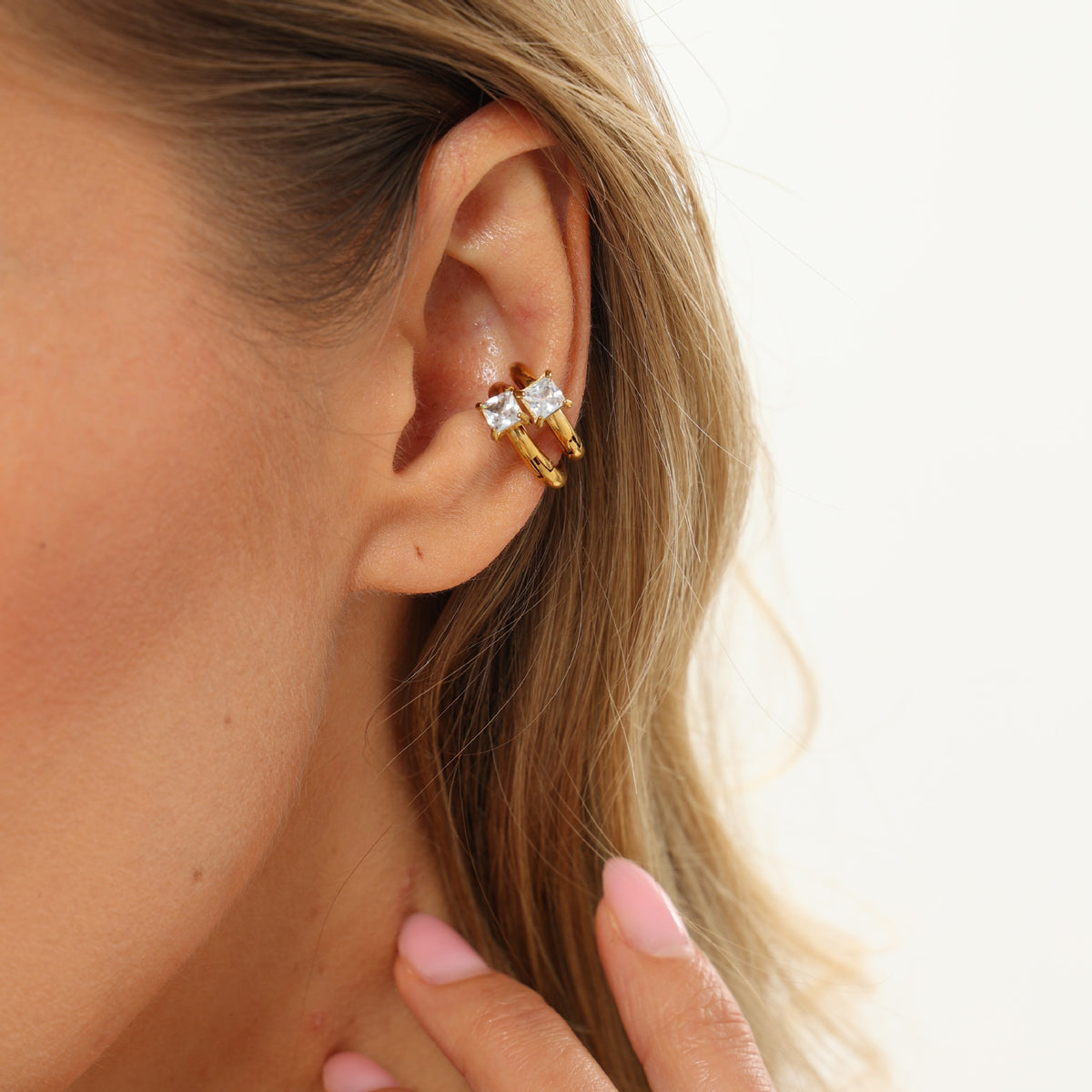 18K Gold Plated Stainless Steel Square Cubic Zirconia Geometric Open Hoop Earrings for Women