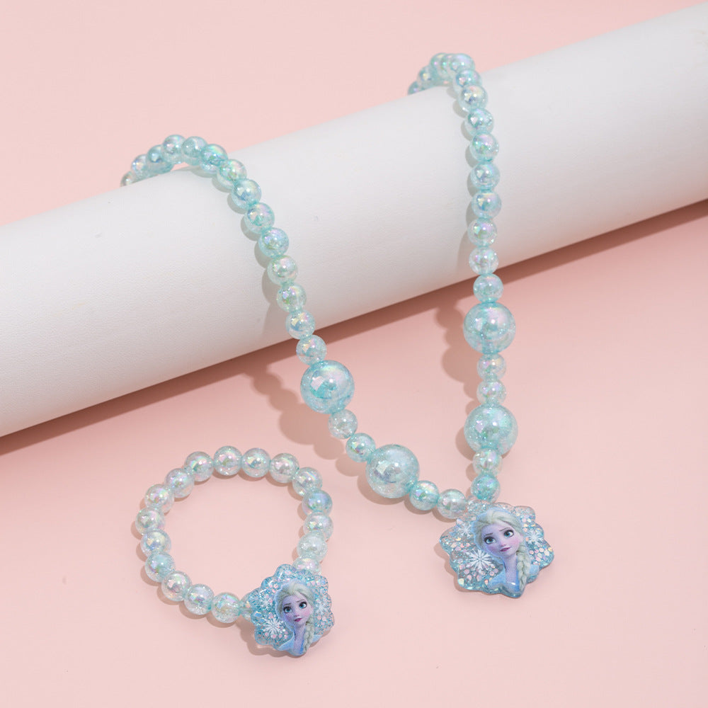 Cartoon Elsa Princess Necklace Set for Kids with Resin Pendant on Beaded Chain Adjustable for Ages 0-10 Years
