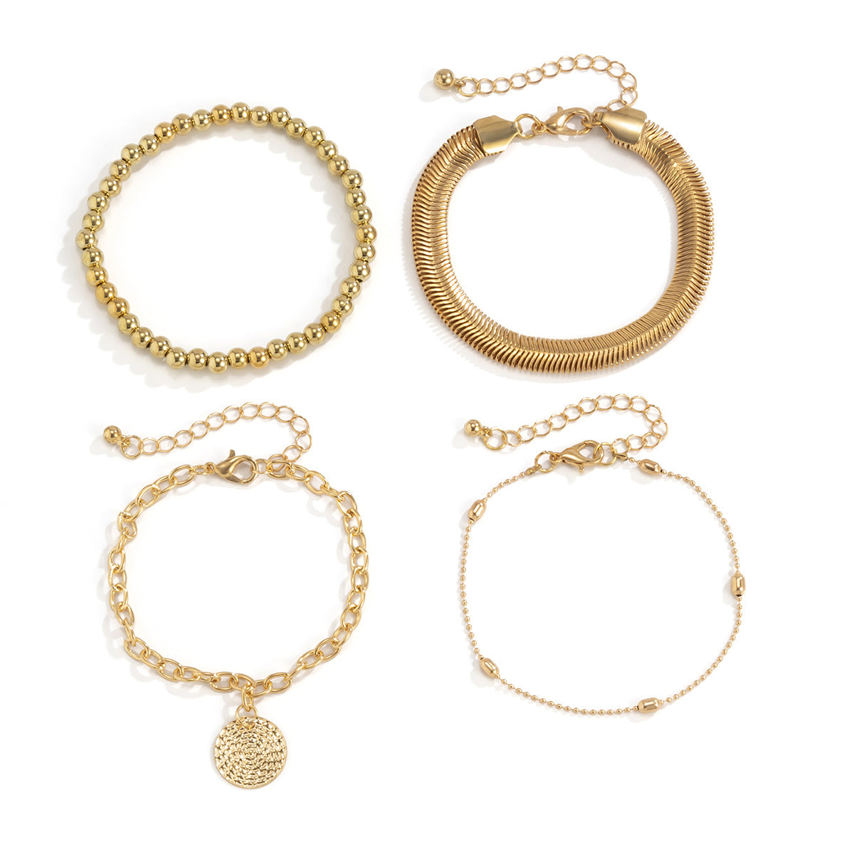 Punk Style Geometric Matte Round Pendant Bracelet Set with Snake Chain for Women
