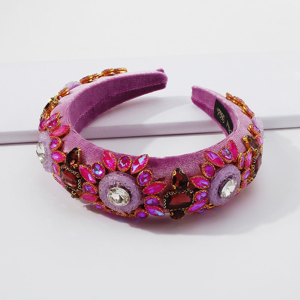 Cerchietto largo da donna in stile barocco, impreziosito da strass con design geometrico e circolare