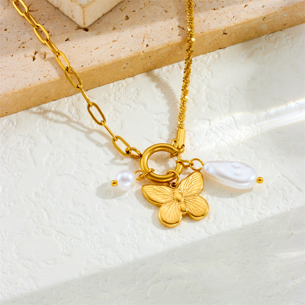 Minimalist Elegant Butterfly Teardrop Stainless Steel Plated Necklace for Women