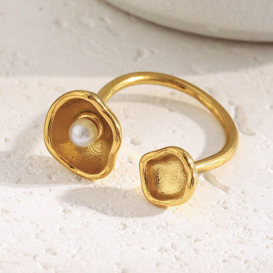 Anello aperto da donna placcato oro 18 carati in acciaio inossidabile con perle, geometrico e minimalista