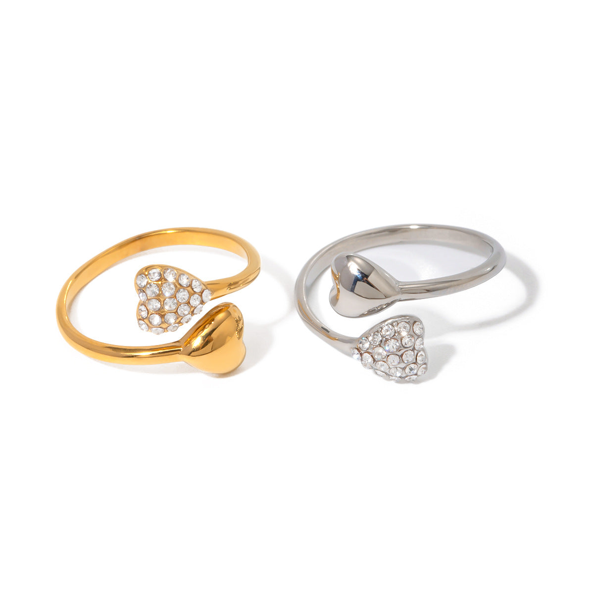 Minimalist 18K Gold Plated Heart Stainless Steel Ring with Rhinestone Open Design for Women