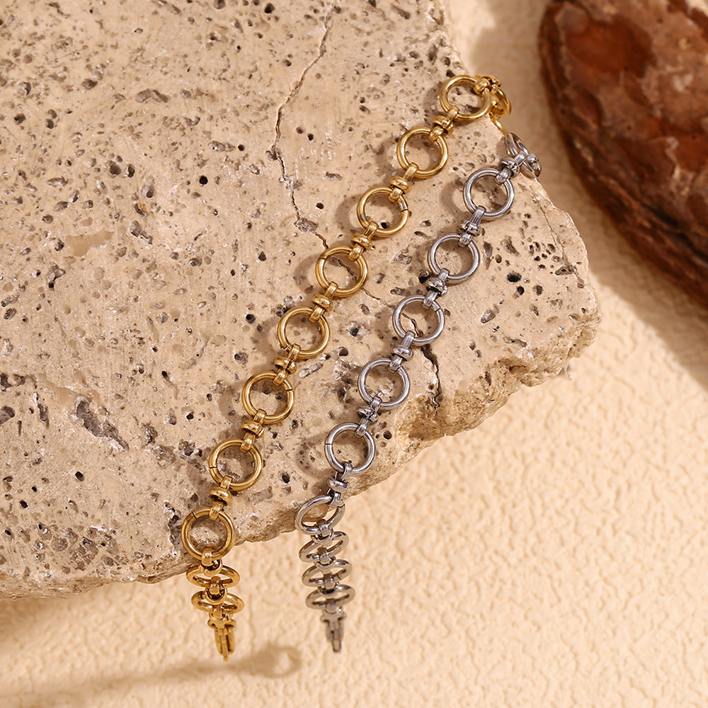 Minimalist Geometric Stainless Steel Plated 14K Gold Round Link Cross Clasp Bracelet for Women