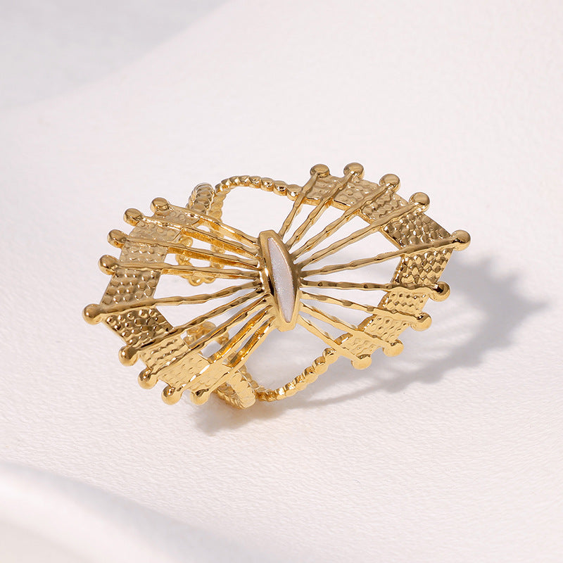 Vintage Geometric Fan-Shaped Hollow Stainless Steel Adjustable Open Ring for Women with Gold Plating